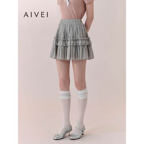 AIVEI欣贺艾薇2026春夏日杂小个子文艺松紧腰腰格子短裙XSV1Q11B