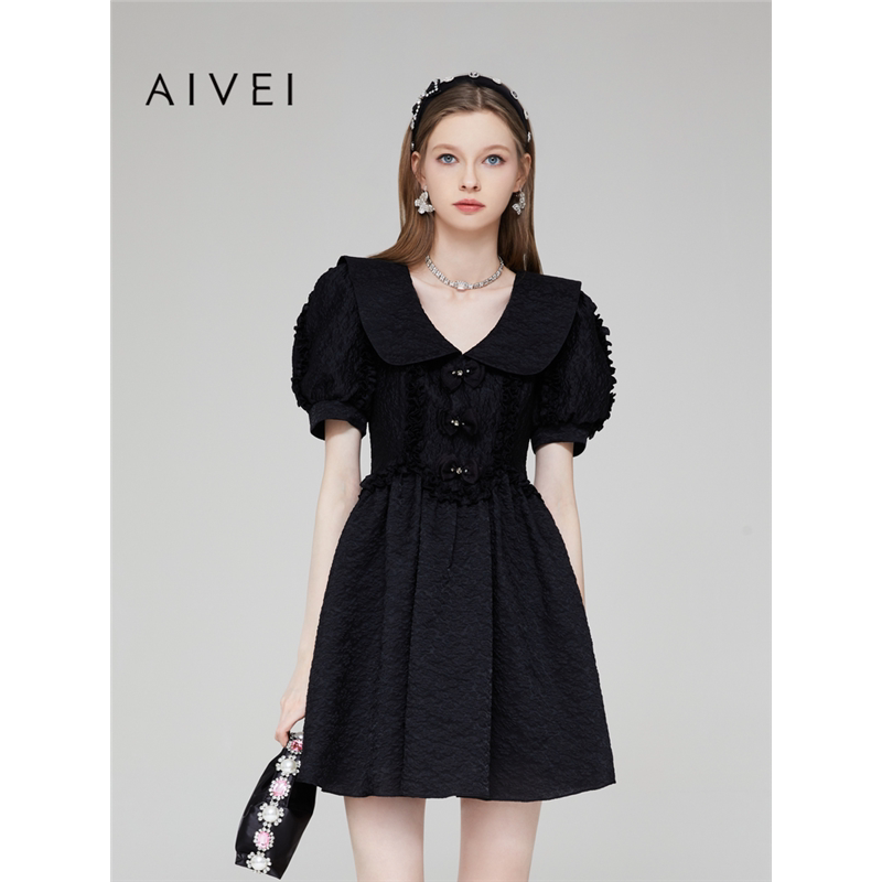 AIVEI欣贺艾薇 黑天鹅系列 夏复古少女泡泡袖雪纺连衣裙Q036S019