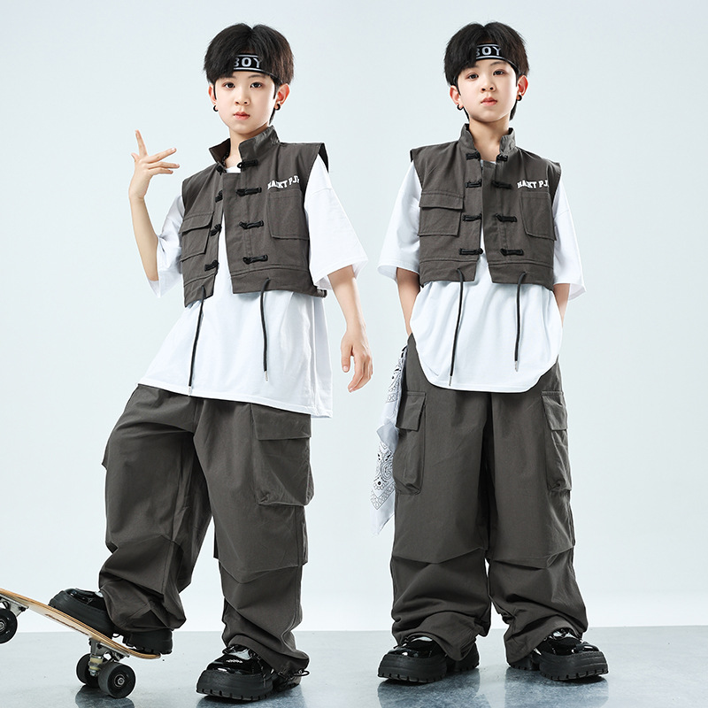 儿童街舞潮服嘻哈hiphop套装男童国潮演出服少儿短袖表演服女童