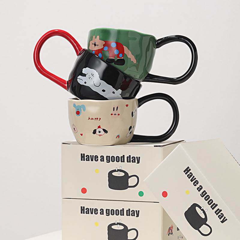 精致好看的杯子咖啡杯大耳朵陶瓷杯马克杯图案创意高颜值大手柄