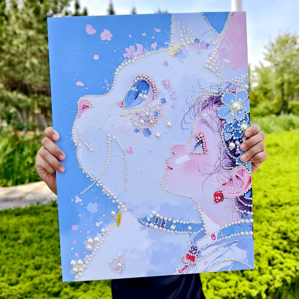 猫和少女DIY珍珠材料包手工装饰画卡通粘贴画立体AI 3040cm送人礼图片