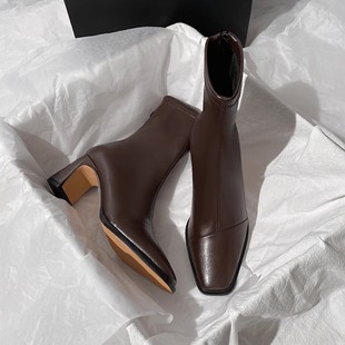2025新款 气质 软皮高跟方头弹力棕色粗跟短筒瘦瘦靴 法式 森屿海巷