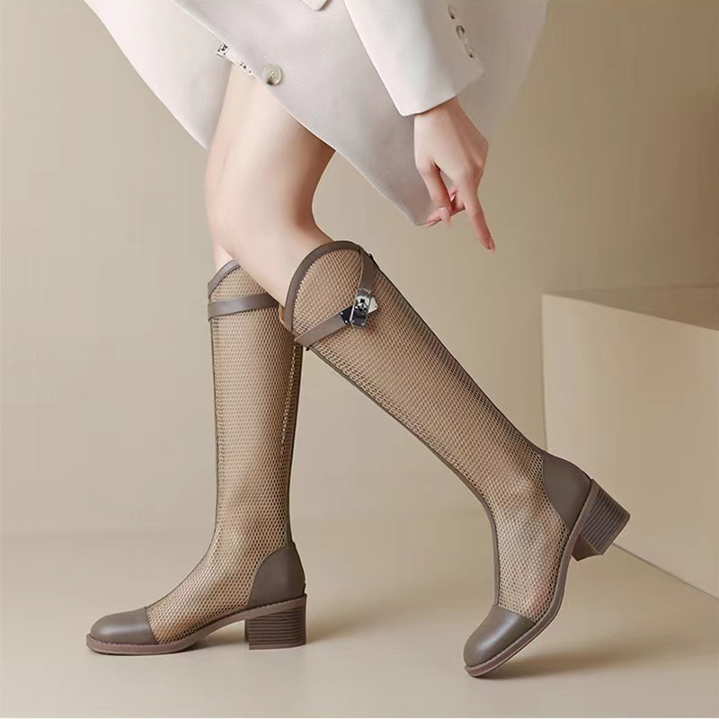 采采乐希网靴粗跟网纱凉靴女