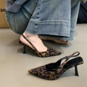 浅口百搭一字扣带凉鞋 欧美性感尖头豹纹细跟单鞋 女2025年春夏新款