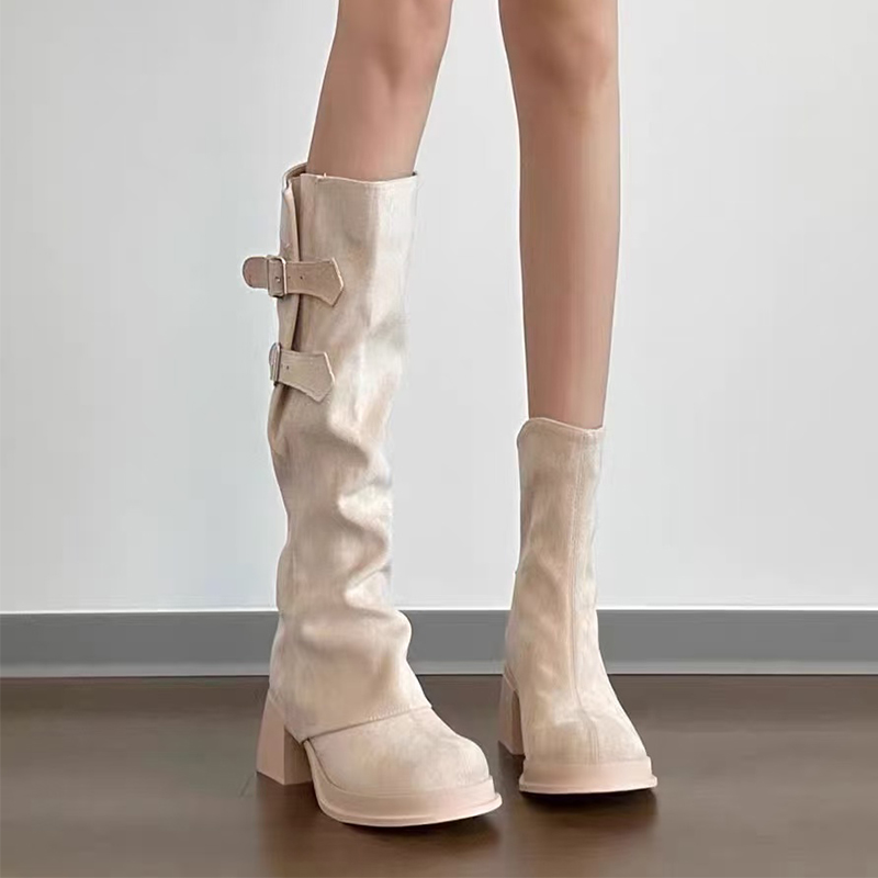 采采乐希粗跟厚底两穿长筒靴女