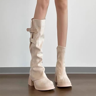 粗跟绒面长筒靴女弹力瘦瘦靴2025年秋冬新款可拆卸两穿厚底骑士靴