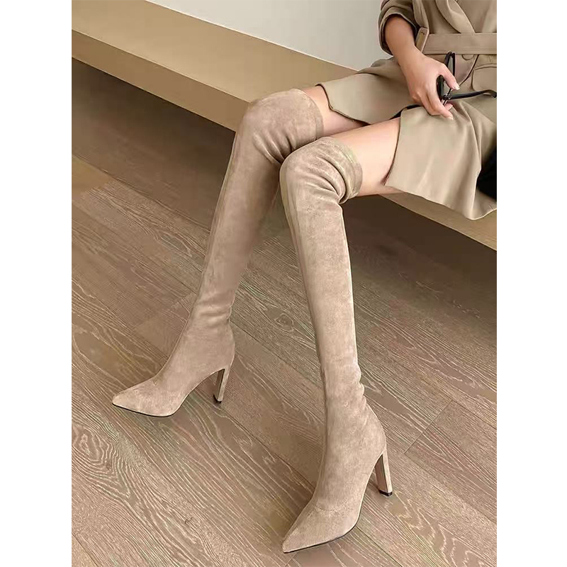 采采乐希粗跟尖头绒面过膝长靴女