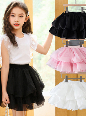 儿童蓬蓬蛋糕裙女童半身裙网纱花苞云朵短裙防走光白色tutu中大童