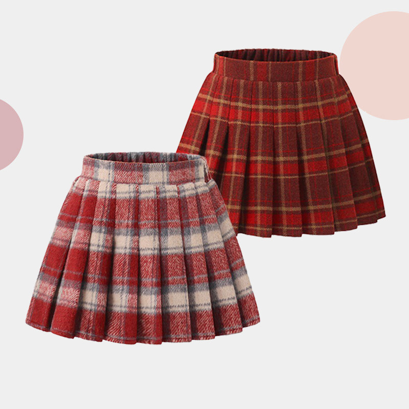 女童毛呢半身裙春节过年秋冬装韩版红色百褶裙格子大童JK儿童短裙