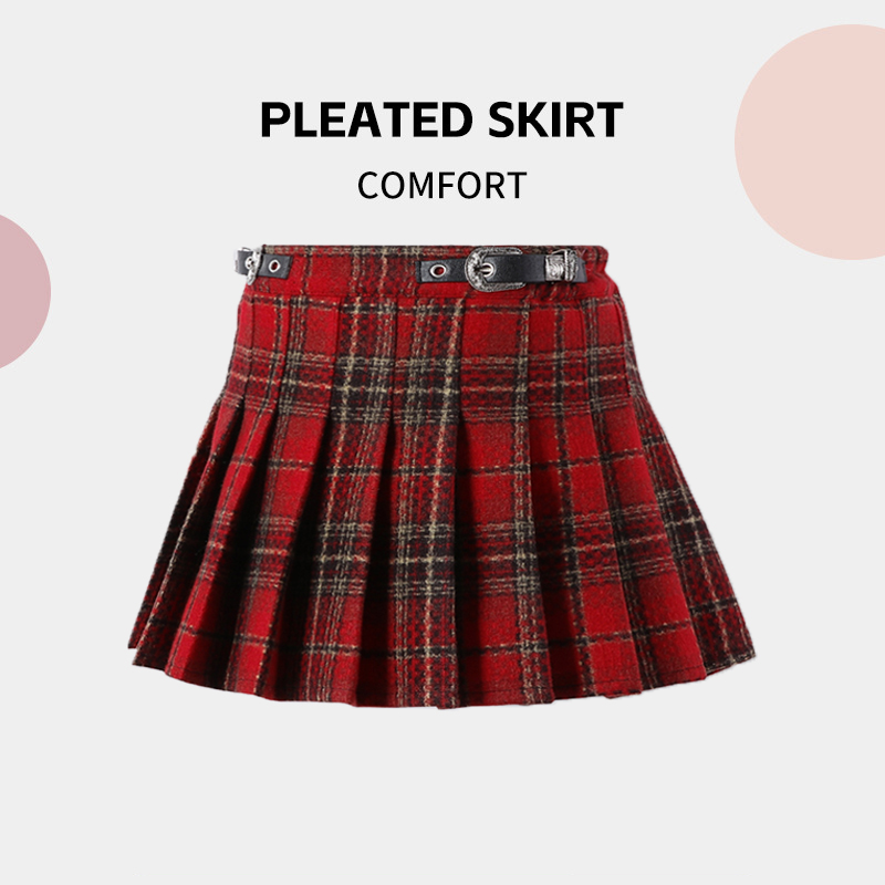 女童复古红格子百褶皮带扣半身裙