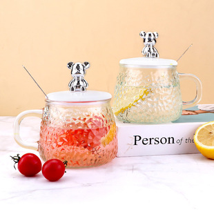 定制网红锤纹小熊玻璃杯ins风高级感把手杯子带盖子透明夏季水杯