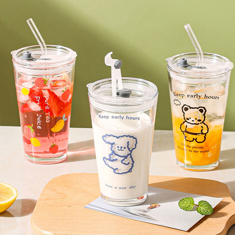透明玻璃杯吸管杯女办公室水杯ins风家用果汁饮料奶茶咖啡杯子优