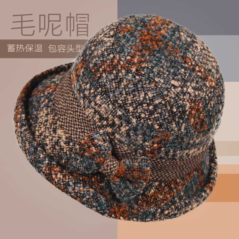 中老年女秋冬季帽子妈妈加厚毛呢礼帽奶奶盆帽春秋休闲百搭渔夫帽