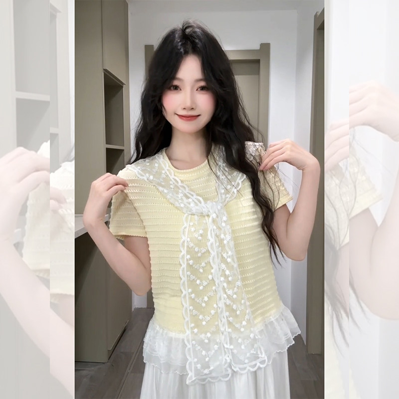 小个子黄色条纹披肩蕾丝披肩正肩短袖t恤女夏季设计感小众上衣薄