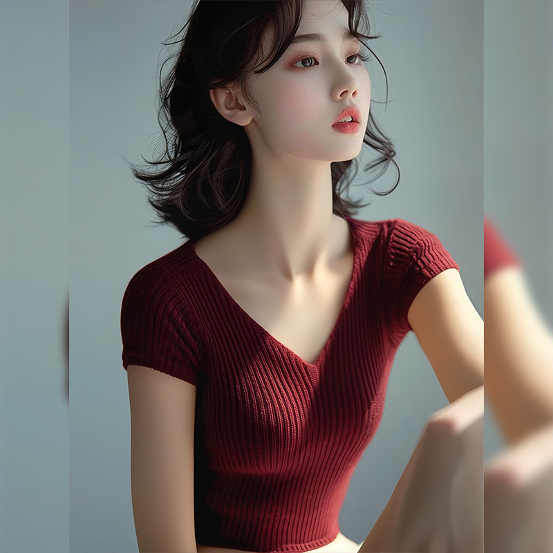 安可拉红色针织V领短袖T恤女2025新款夏季穿搭别致甜辣很仙上衣夏