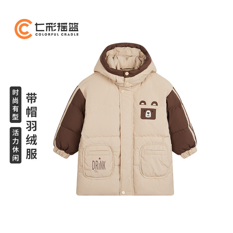 七彩摇篮带帽羽绒服男女中长款拼色卡通小熊保暖外套情侣装