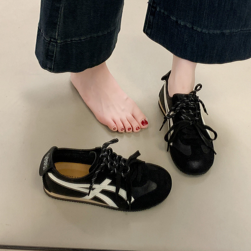 黑色德训鞋女款2025秋季新款平底运动鞋百搭真皮休闲复古阿甘鞋子
