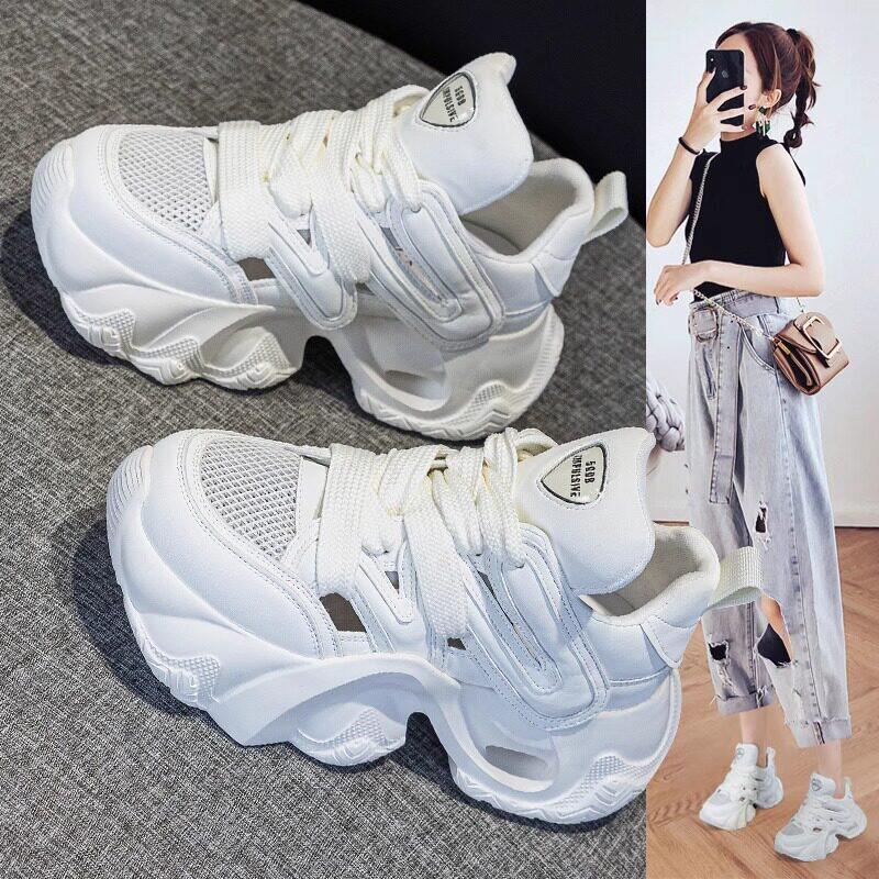 真皮洞洞老爹鞋女款2026新款夏季镂空透气厚底松糕增高运动小白鞋