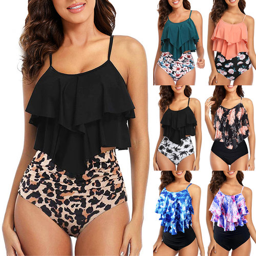 荷叶边高腰两件套比基尼Ruffled high waisted two-piece bikini