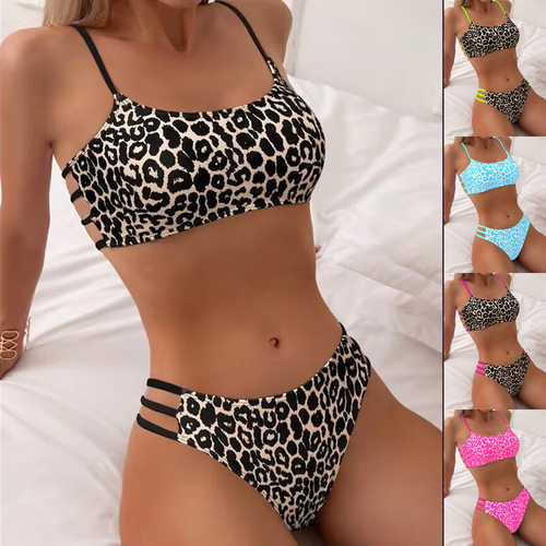 leopard print multi-strap two piece swimsuit豹纹多绳分体泳衣