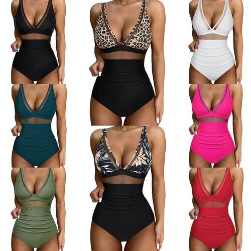 网纱深v聚拢连体泳衣deep‑v push‑up one‑piece swimsuit