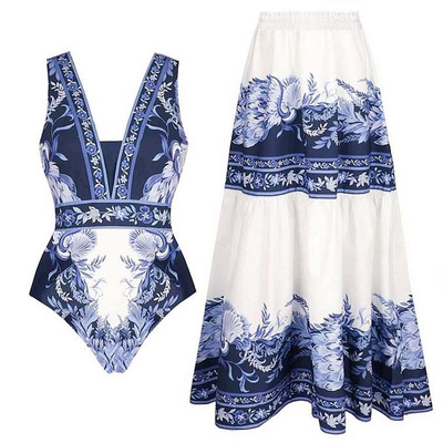 欧美风蓝色印花连体泳衣套装Printed skirted two-piece swimsuit