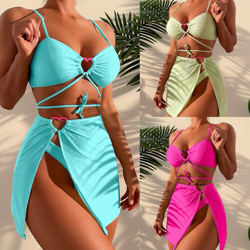 纯色裙式三件套泳衣solid color skirt-style three-piece bikini