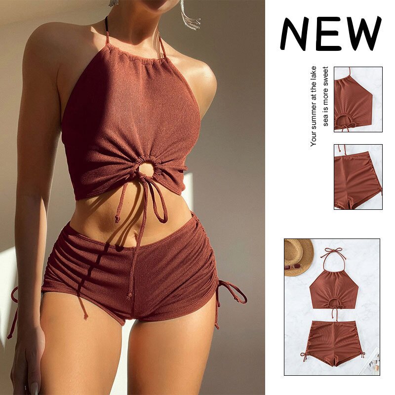 纯色欧美保守平角比基尼泳装Modest Square-Leg Two-Piece Bikini