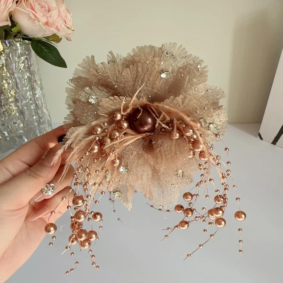 牡丹花抓夹珠珠流苏发夹女2024年新款头花后脑勺盘发鲨鱼夹子头饰