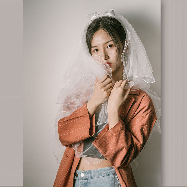 黑暗 多层蓬蓬新娘蝴蝶头纱结简约复古婚纱头纱短款超仙头纱