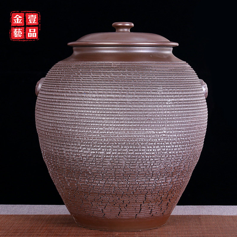 建水紫陶水缸蓄水缸茶道抽水缸净水缸 /柴烧爆裂纹30升水缸 肖X05