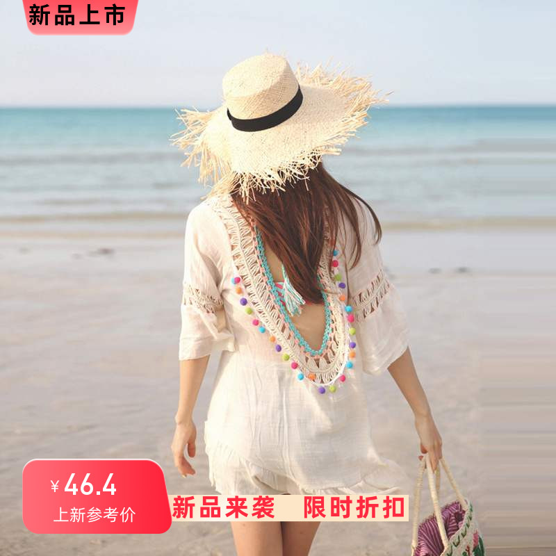 比基尼泳衣外套罩衫镂空手工钩花露背系带沙滩衣女短裙连衣裙