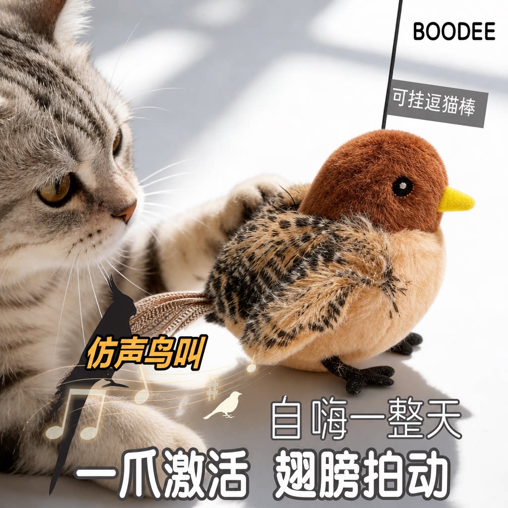 猫玩具仿真小鸟自嗨扑腾发声幼猫