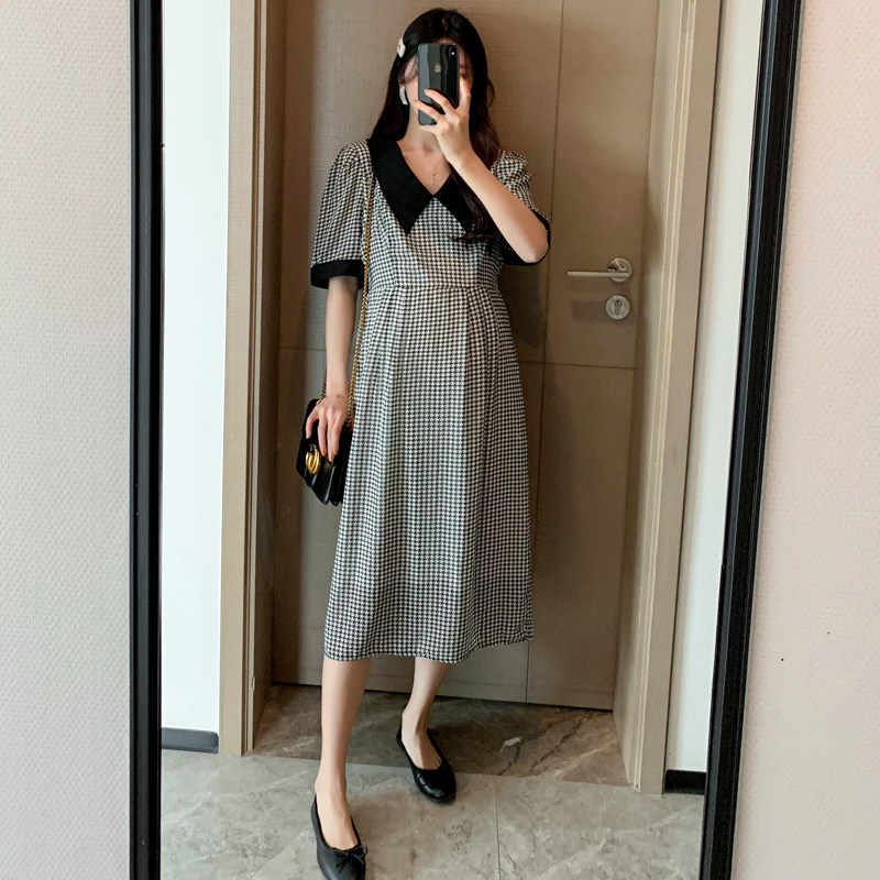 孕妇连衣裙夏季雪纺潮妈短袖中长款显瘦法式洋气质娃娃领孕妇装女