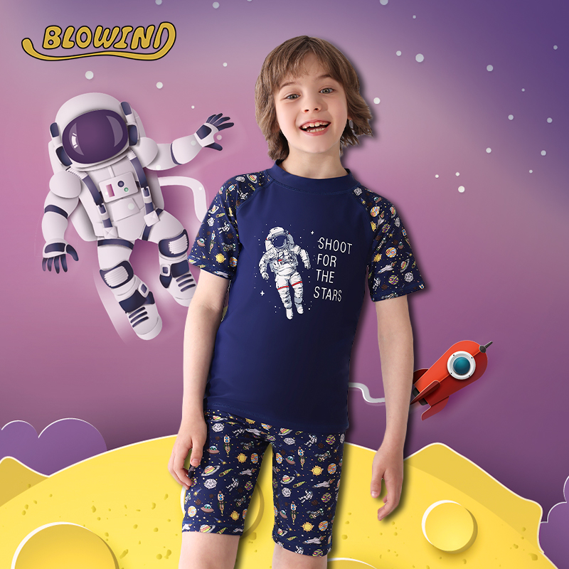 Blowind短袖儿童泳衣防晒速干男童沙滩分体游泳衣宇航员upf50男孩