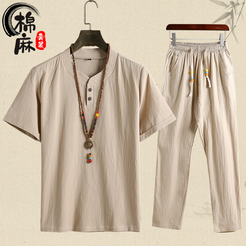 夏大码男式中国风棉麻中老年爸爸休闲运动套装夏装亚麻料衣服薄款