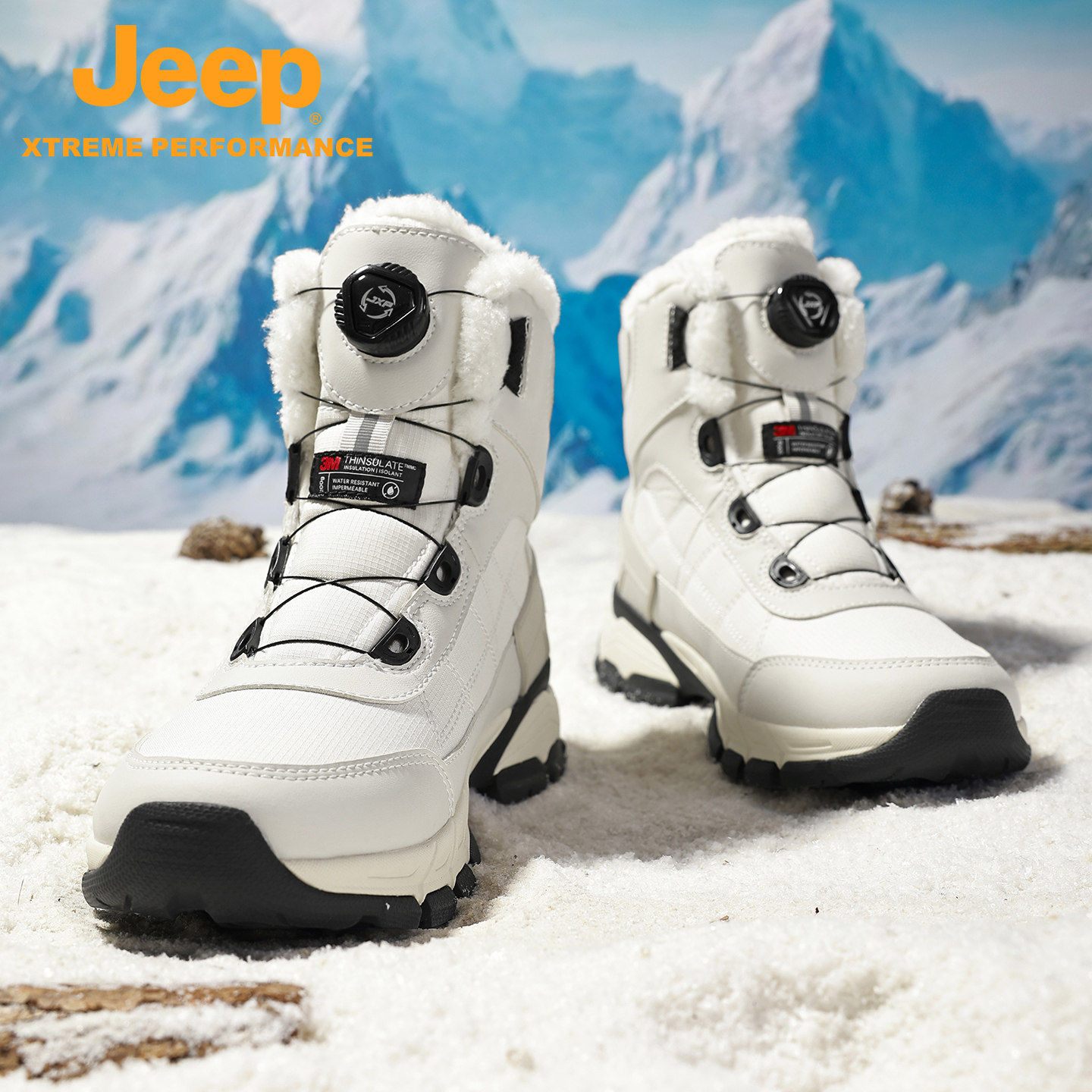 Jeep白色旋转扭扣雪地靴男冬季