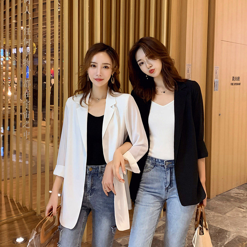 雪纺小西装外套女薄款2026夏季新款休闲白色高级感西服上衣防晒衣