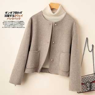 秋冬季新款小香风白色双面羊绒大衣女短款小个子圆领减龄毛呢外套