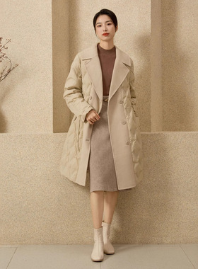 大翻领时尚单排扣拼接毛呢羽绒服冬季新款中长款时尚外套HT43213