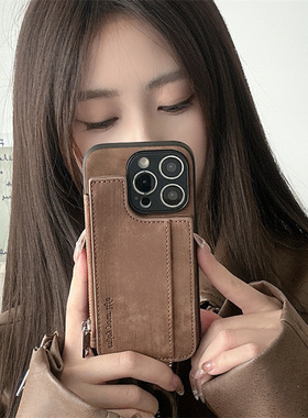 适用苹果16promax手机壳15pm复古14插卡13p萍果12pormas新7plus差11卡包8平xr支架xsmax男e二6代6s纯色mini女