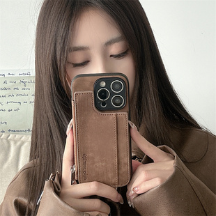 适用苹果16promax手机壳15pm复古14插卡13p萍果12pormas新7plus差11卡包8平xr支架xsmax男e二6代6s纯色mini女