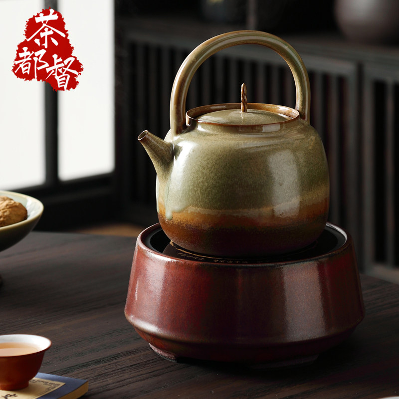 明德园 秋实 砂铫提梁壶红泥柴烧釉烧煮水茶陶壶电陶炉煮茶器套装