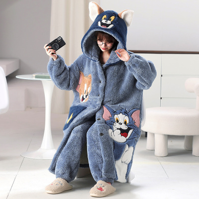 冬季法兰绒女士睡衣2024卡通连帽