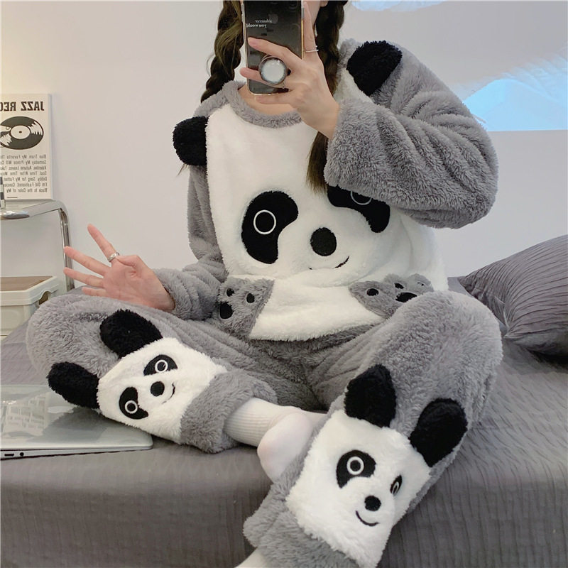 法兰绒灰白熊猫睡衣冬季女