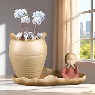 粗陶多肉植物陶瓷花盆小和尚小花盆绿植盆栽小榕树小文竹花盆套装