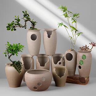 老庄多肉花盆陶瓷粗陶切口创意个性的复古盆透气高盆特价清仓盆栽