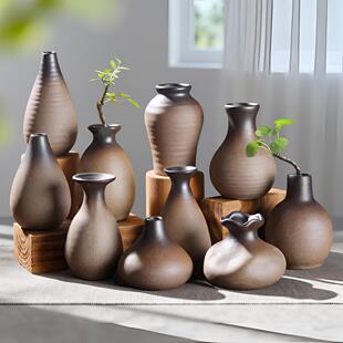 粗陶小花器仿石花器简约手工粗陶复古水培小花插陶瓷迷你小花瓶