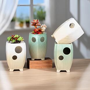 老庄多肉花盆陶瓷切口带孔创意个性的复古盆透气高盆特价清仓盆栽