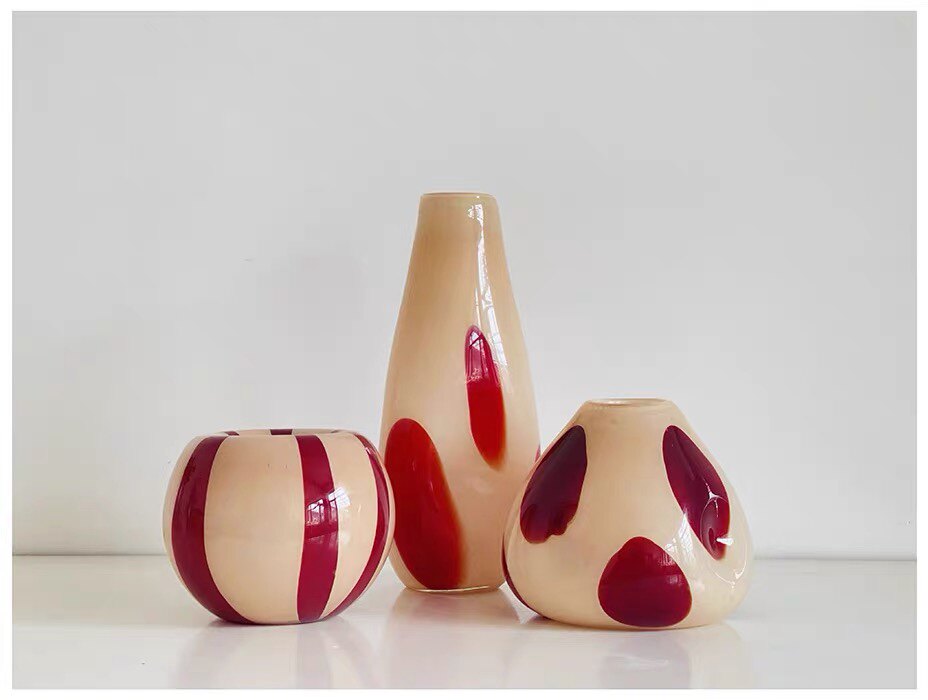 外贸侘寂风中古玻璃红色斑点条纹花瓶客厅水培居家艺术装饰品